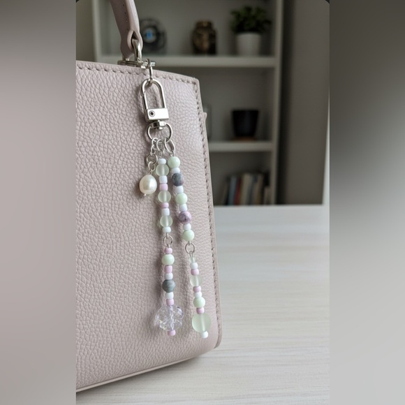 Handmade Accessories - Pastel Pearl Mint, Pink and Periwinkle Beaded Bag Charm Keychain with Real Pearl